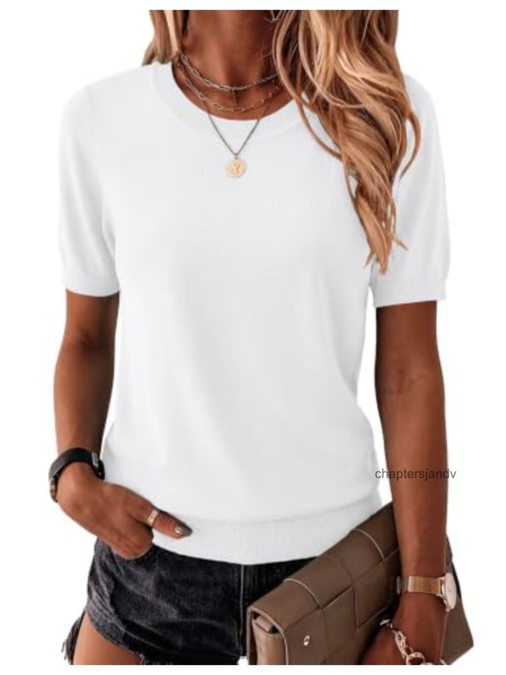 Womens Short Sleeve Sweater Crewneck Viscose Knit Pullover Top